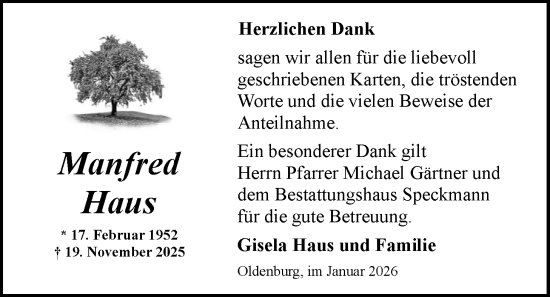 Traueranzeige von Manfred Haus von Nordwest-Zeitung