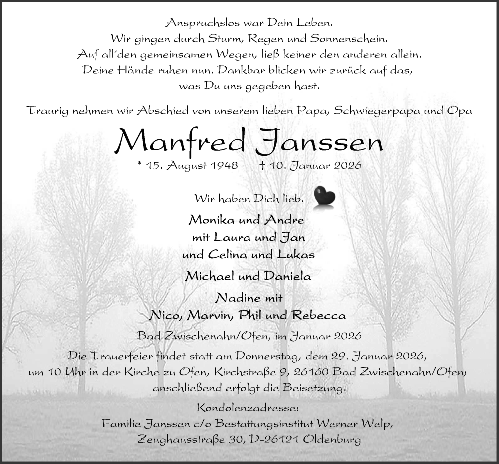  Traueranzeige für Manfred Janssen vom 24.01.2026 aus Nordwest-Zeitung