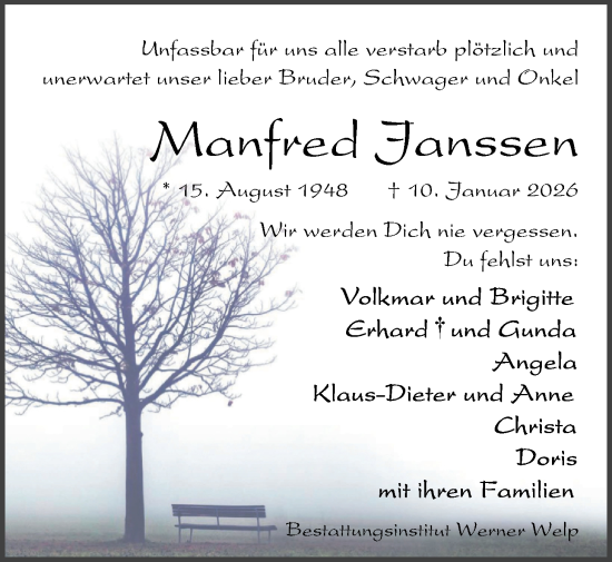 Traueranzeige von Manfred Janssen von Nordwest-Zeitung