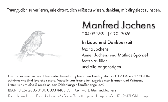 Traueranzeige von Manfred Jochens von Nordwest-Zeitung