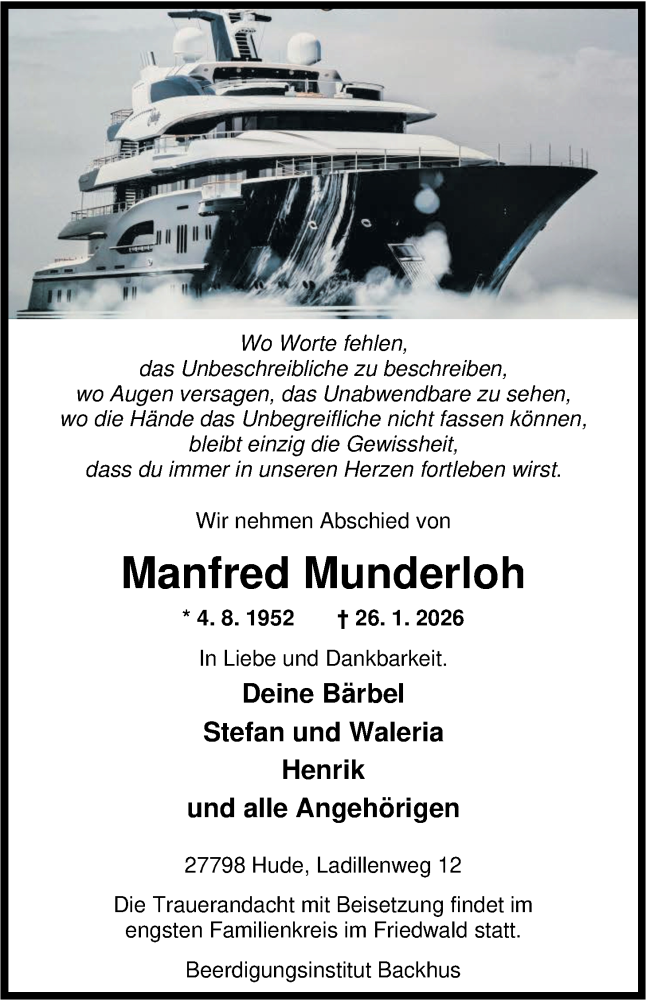  Traueranzeige für Manfred Munderloh vom 31.01.2026 aus Nordwest-Zeitung