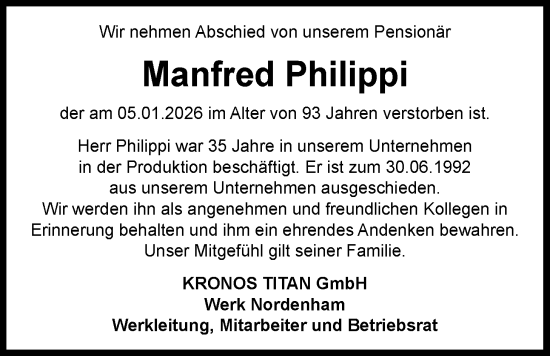 Traueranzeige von Manfred Philippi von Nordwest-Zeitung