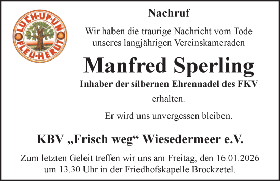Traueranzeige von Manfred Sperling von WZ/JW/AH