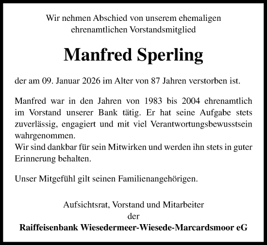 Traueranzeige von Manfred Sperling von WZ/JW/AH
