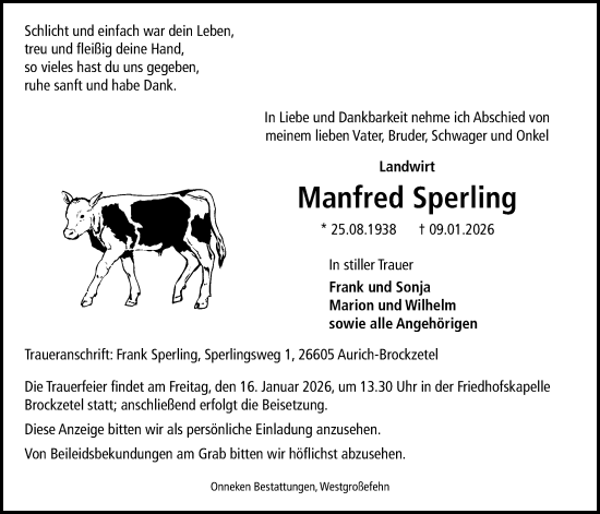Traueranzeige von Manfred Sperling von WZ/JW/AH