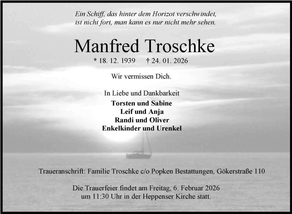  Traueranzeige für Manfred Troschke vom 31.01.2026 aus WZ/JW/AH