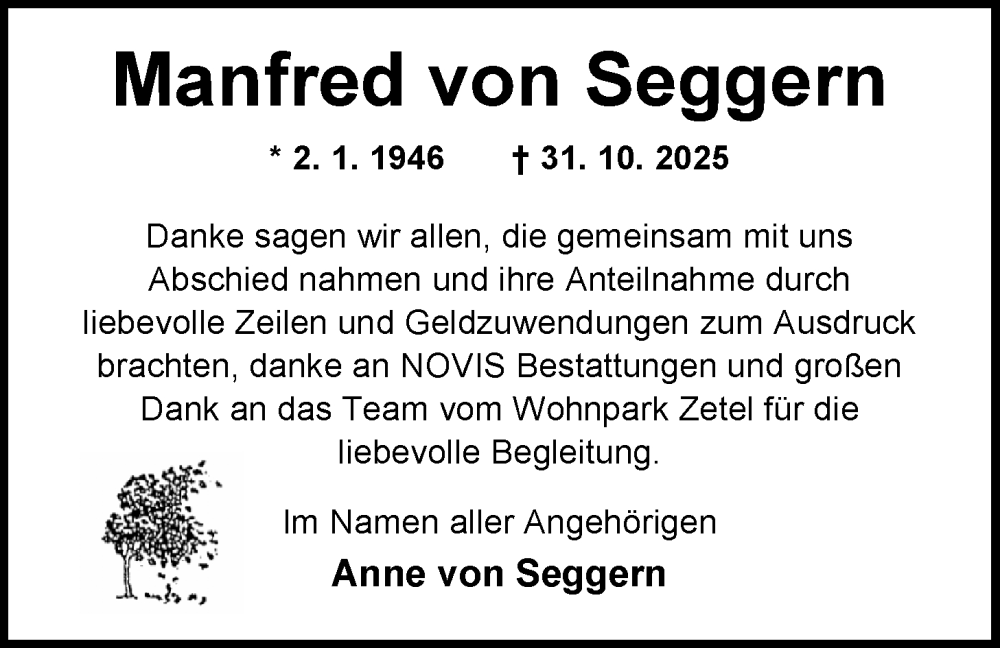  Traueranzeige für Manfred von Seggern vom 10.01.2026 aus Nordwest-Zeitung