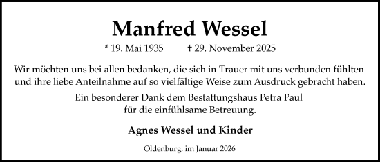 Traueranzeige von Manfred Wessel von Nordwest-Zeitung