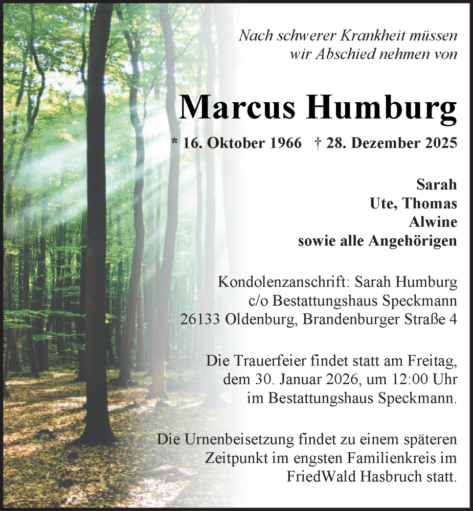  Traueranzeige für Marcus Humburg vom 24.01.2026 aus Nordwest-Zeitung