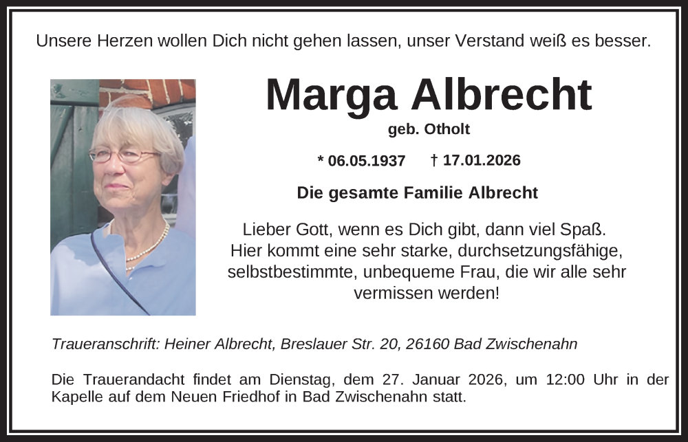  Traueranzeige für Marga Albrecht vom 20.01.2026 aus Nordwest-Zeitung