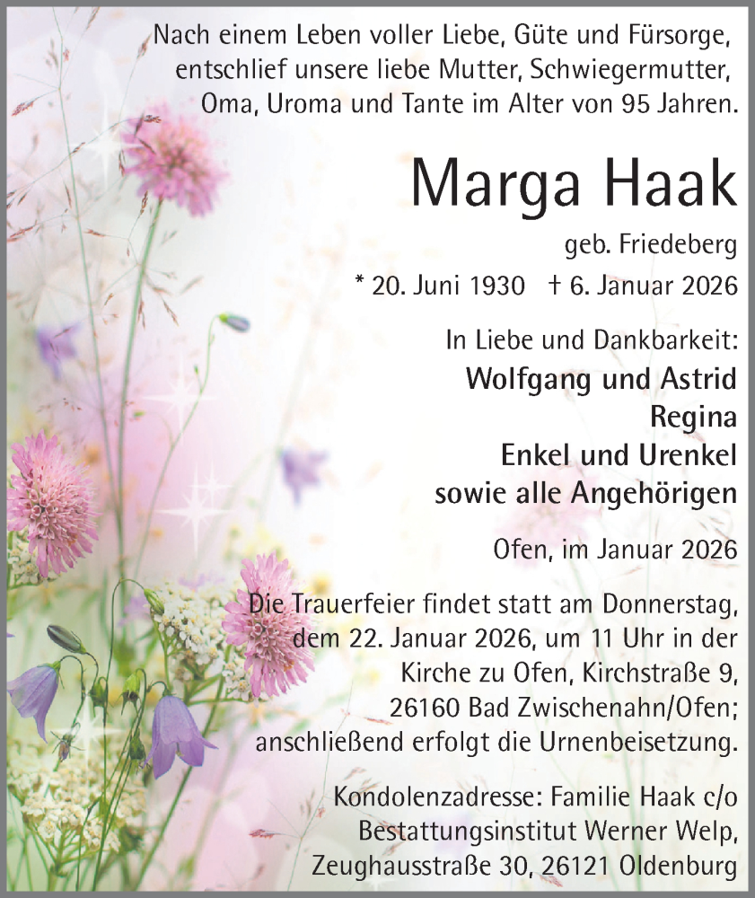  Traueranzeige für Marga Haak vom 17.01.2026 aus Nordwest-Zeitung
