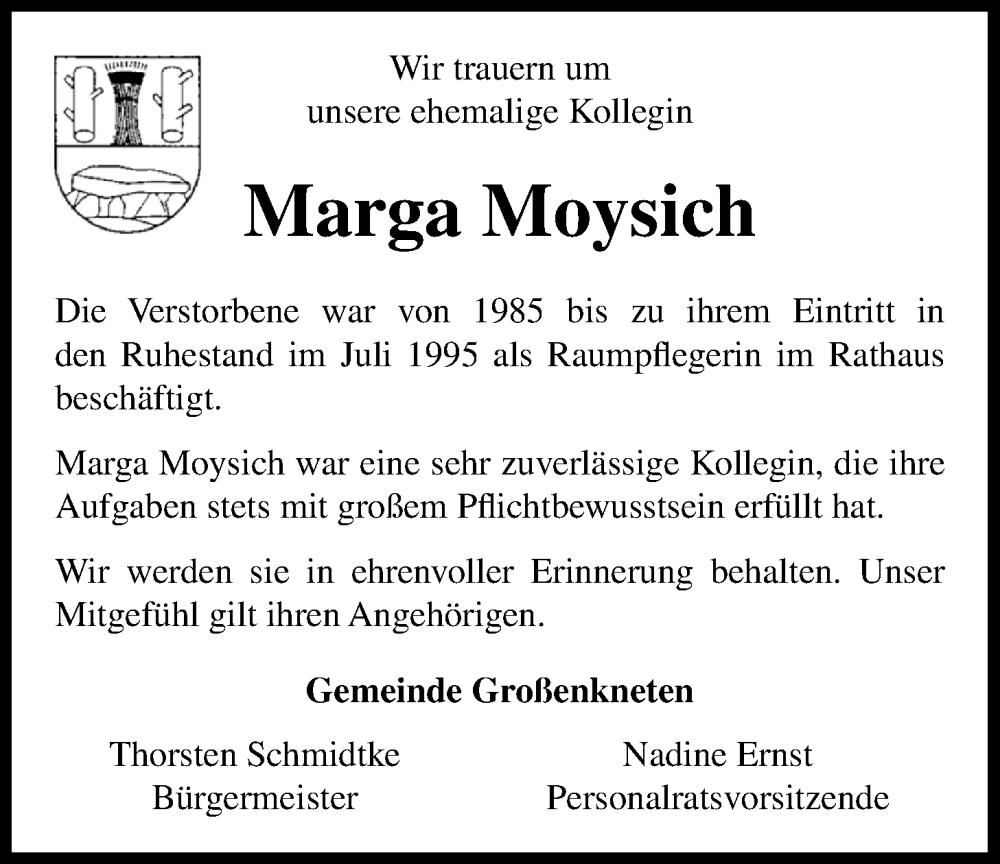  Traueranzeige für Marga Moysich vom 20.01.2026 aus Nordwest-Zeitung