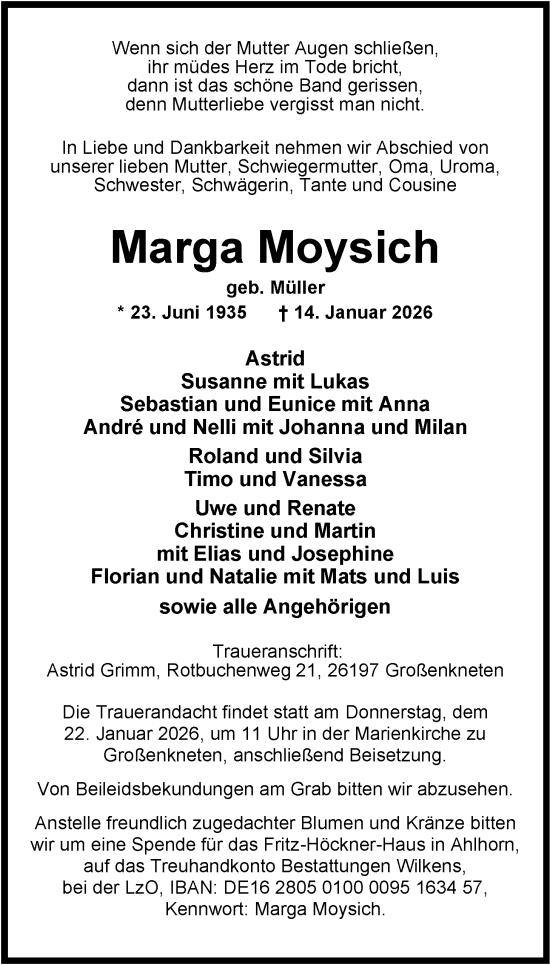 Traueranzeige von Marga Moysich von Nordwest-Zeitung