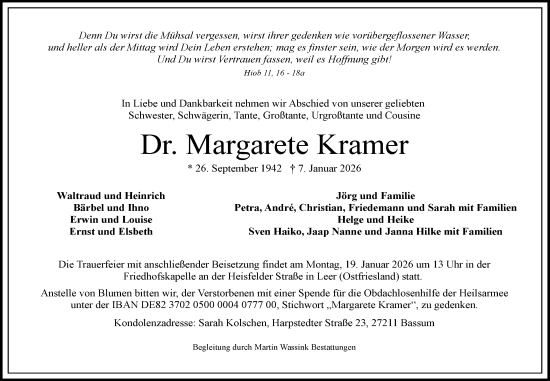 Traueranzeige von Margarete Kramer von Nordwest-Zeitung