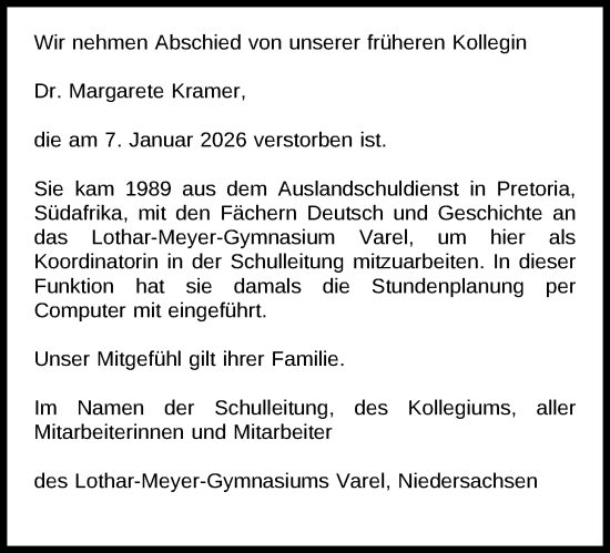 Traueranzeige von Margarete Kramer von Nordwest-Zeitung