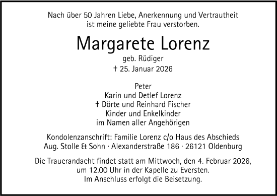 Traueranzeige von Margarete Lorenz von Nordwest-Zeitung