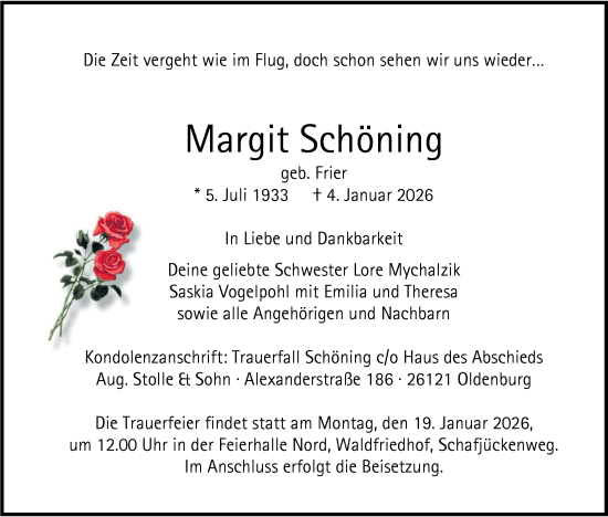 Traueranzeige von Margit Schöning von Nordwest-Zeitung