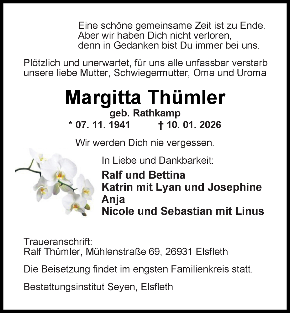  Traueranzeige für Margitta Thümler vom 15.01.2026 aus Nordwest-Zeitung