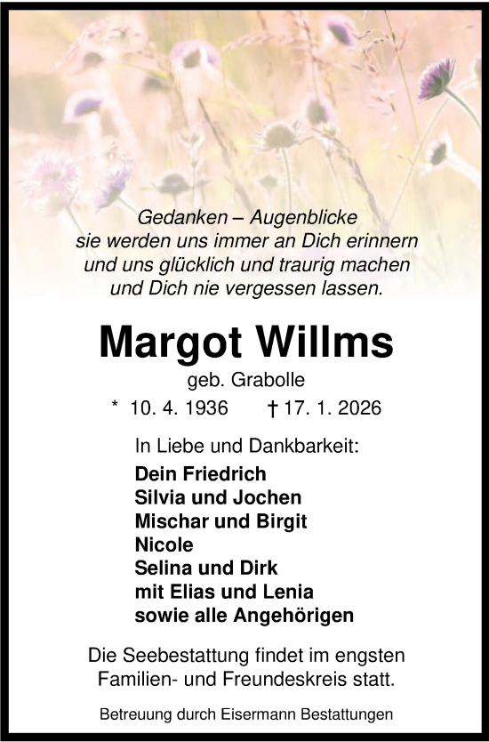 Traueranzeige von Margot Willms von WZ/JW/AH