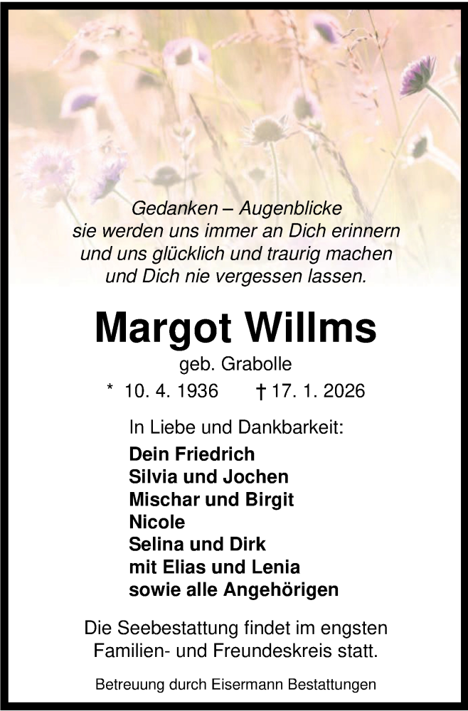  Traueranzeige für Margot Willms vom 24.01.2026 aus WZ/JW/AH