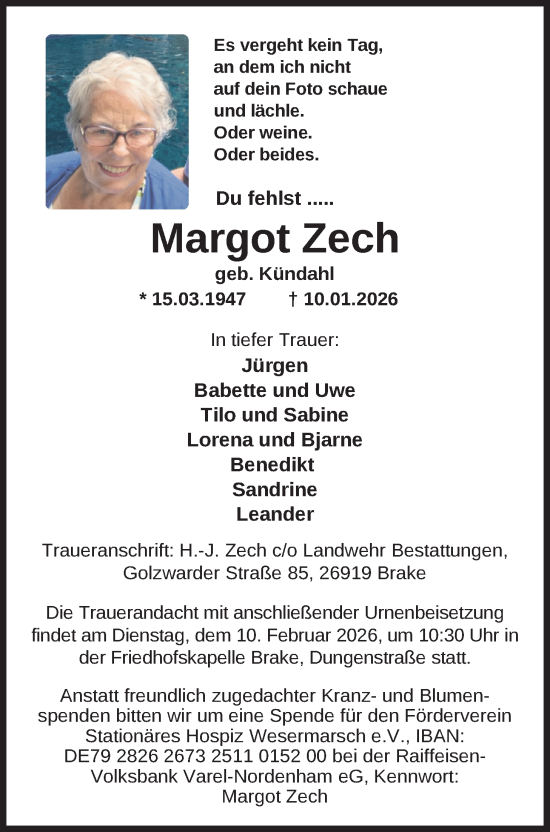 Traueranzeige von Margot Zech von Nordwest-Zeitung