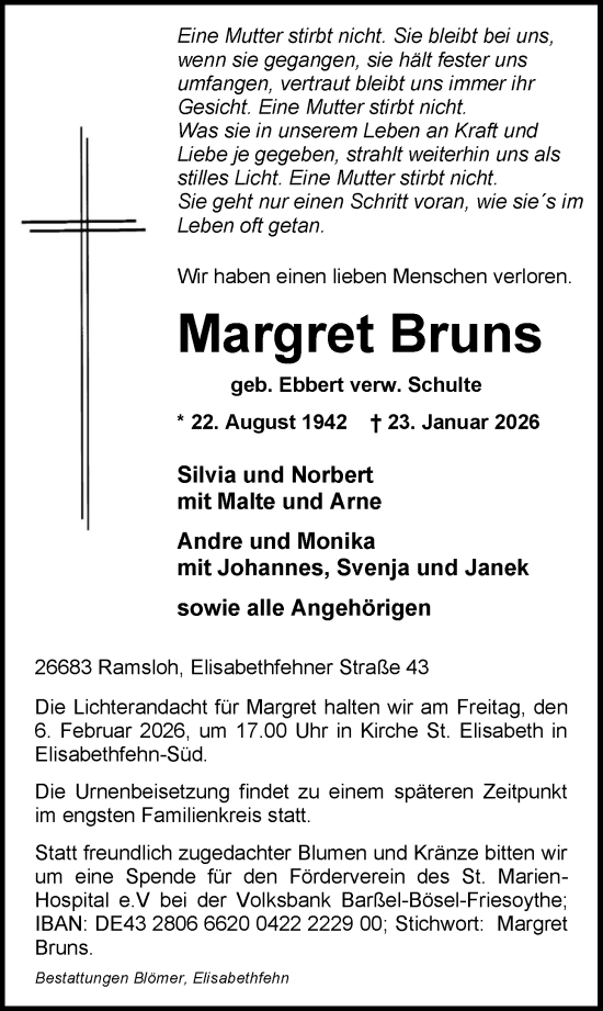 Traueranzeige von Margret Bruns von Nordwest-Zeitung