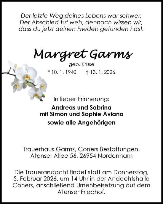Traueranzeige von Margret Garms von Nordwest-Zeitung