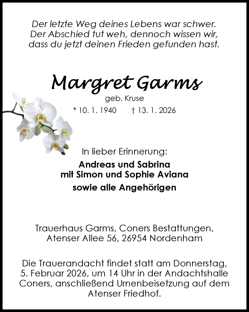  Traueranzeige für Margret Garms vom 17.01.2026 aus Nordwest-Zeitung