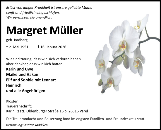 Traueranzeige von Margret Müller von WZ/JW/AH