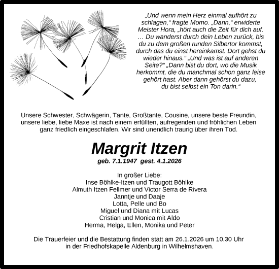 Traueranzeige von Margrit Itzen von WZ/JW/AH