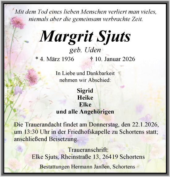 Traueranzeige von Margrit Sjuts von WZ/JW/AH