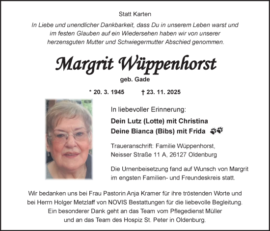 Traueranzeige von Margrit Wüppenhorst von Nordwest-Zeitung