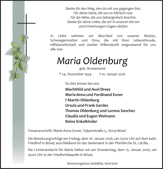 Traueranzeige von Maria Oldenburg von Nordwest-Zeitung