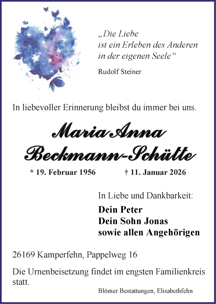  Traueranzeige für Maria Anna Beckmann-Schütte vom 16.01.2026 aus Nordwest-Zeitung