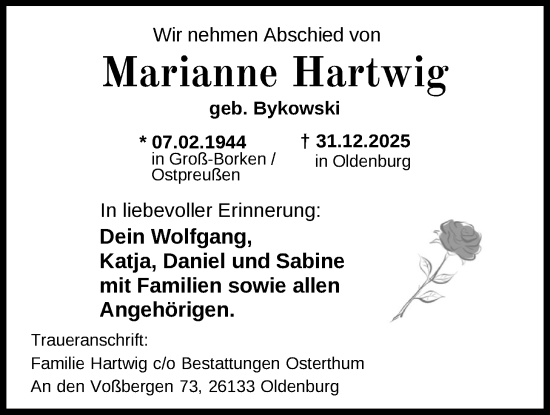 Traueranzeige von Marianne Hartwig von Nordwest-Zeitung