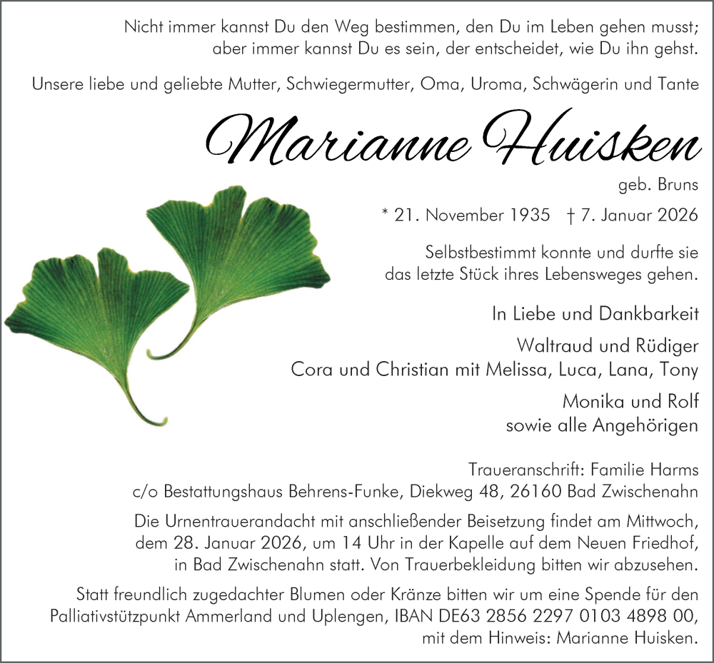  Traueranzeige für Marianne Huisken vom 17.01.2026 aus Nordwest-Zeitung