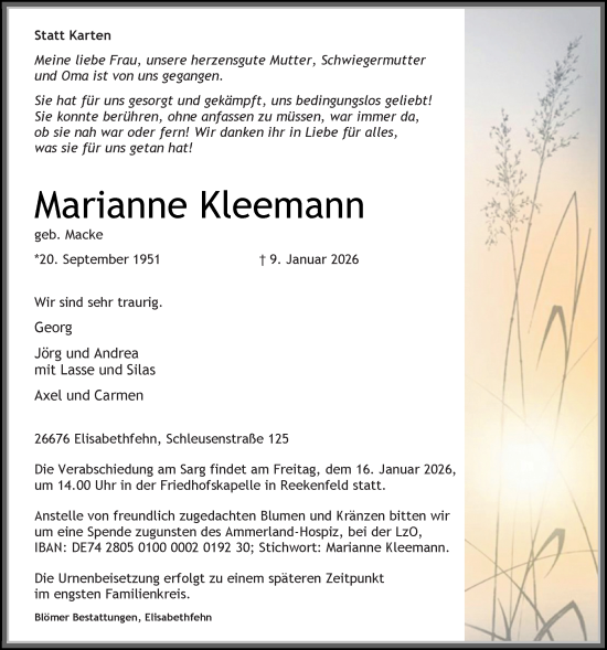 Traueranzeige von Marianne Kleemann von Nordwest-Zeitung
