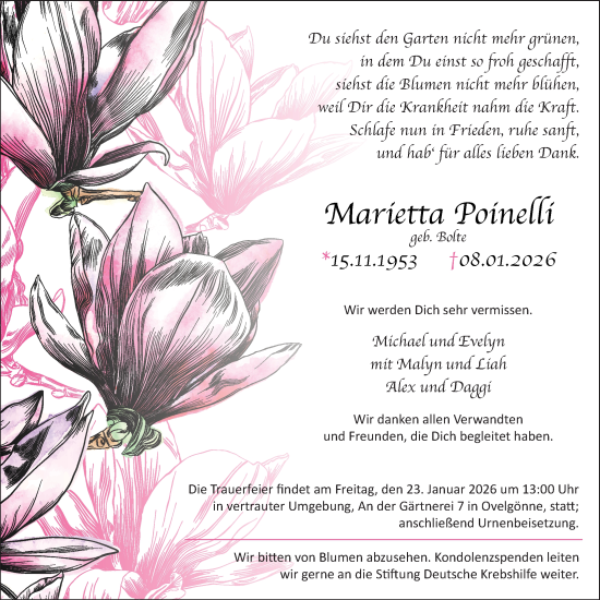 Traueranzeige von Marietta Poinelli von Nordwest-Zeitung