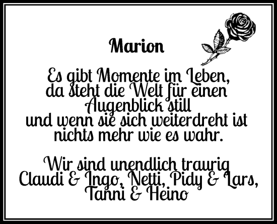 Traueranzeige von Marion Wittig von WZ/JW/AH