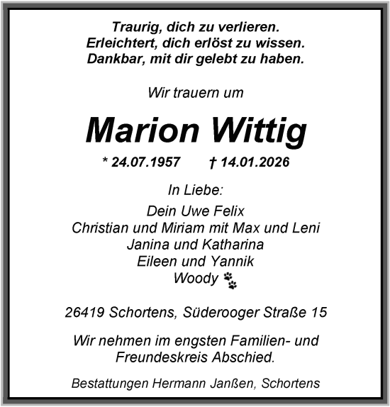 Traueranzeige von Marion Wittig von WZ/JW/AH