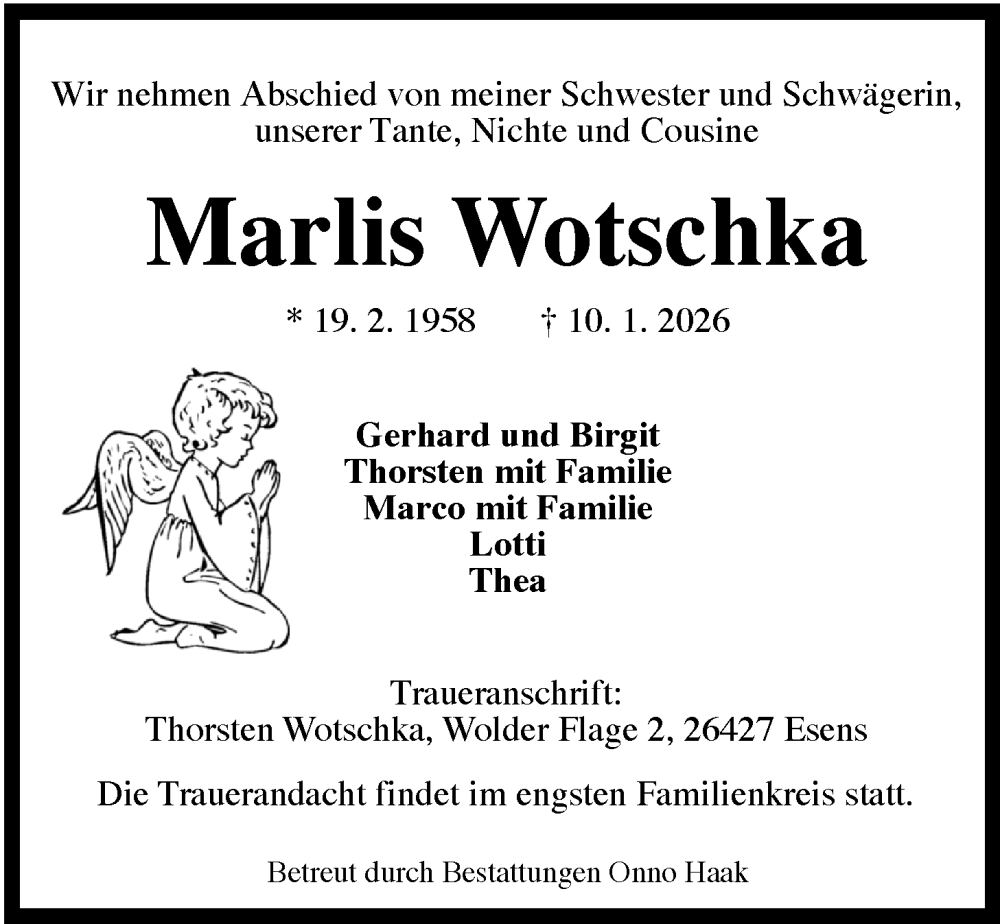  Traueranzeige für Marlis Wotschka vom 20.01.2026 aus WZ/JW/AH