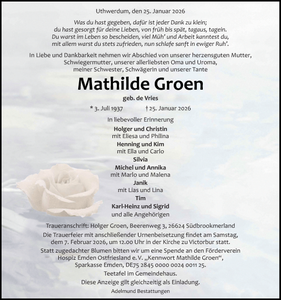 Traueranzeige von Mathilde Groen von Emder Zeitung