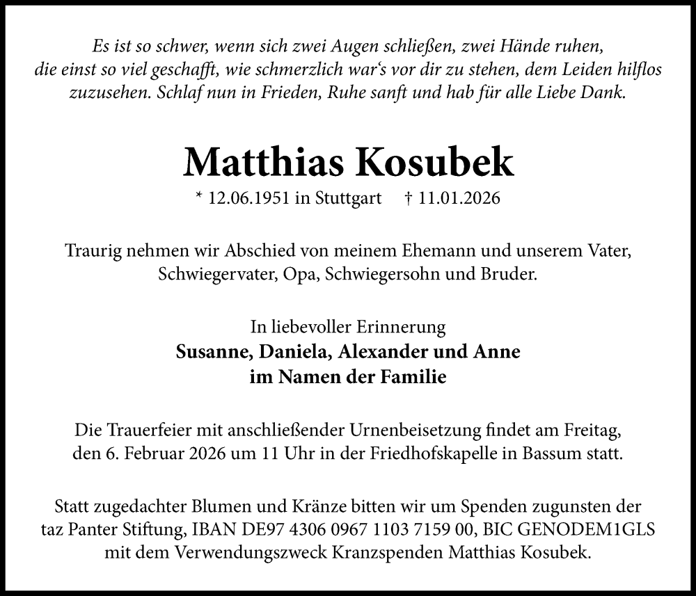  Traueranzeige für Matthias Kosubek vom 17.01.2026 aus Nordwest-Zeitung