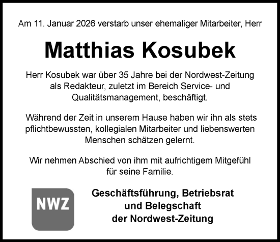 Traueranzeige von Matthias Kosubek von Nordwest-Zeitung
