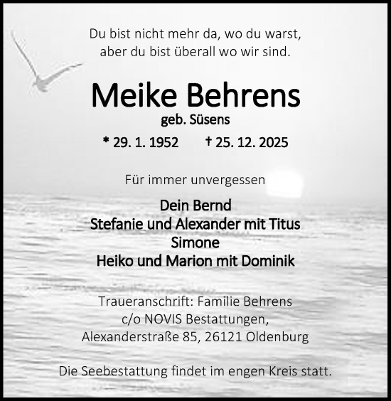 Traueranzeige von Meike Behrens von Nordwest-Zeitung