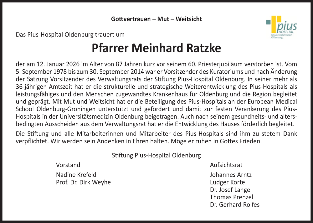 Traueranzeige für Meinhard Ratzke vom 17.01.2026 aus Nordwest-Zeitung