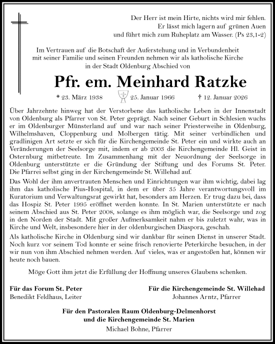 Traueranzeige von Meinhard Ratzke von Nordwest-Zeitung