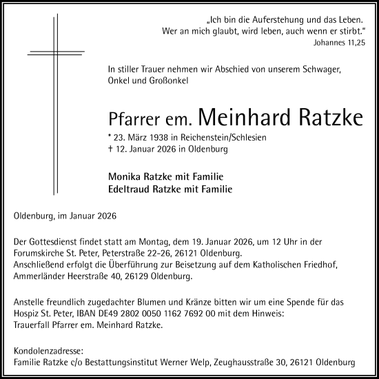 Traueranzeige von Meinhard Ratzke von Nordwest-Zeitung