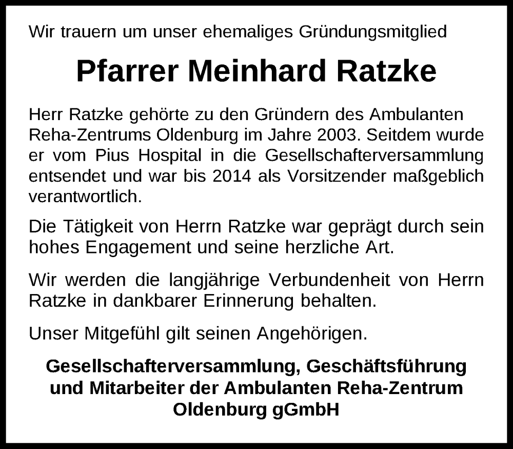  Traueranzeige für Meinhard Ratzke vom 16.01.2026 aus Nordwest-Zeitung