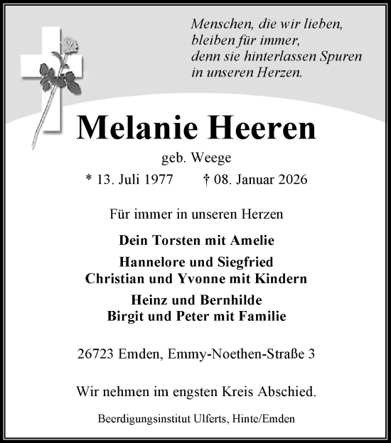Traueranzeige von Melanie Heeren von Emder Zeitung